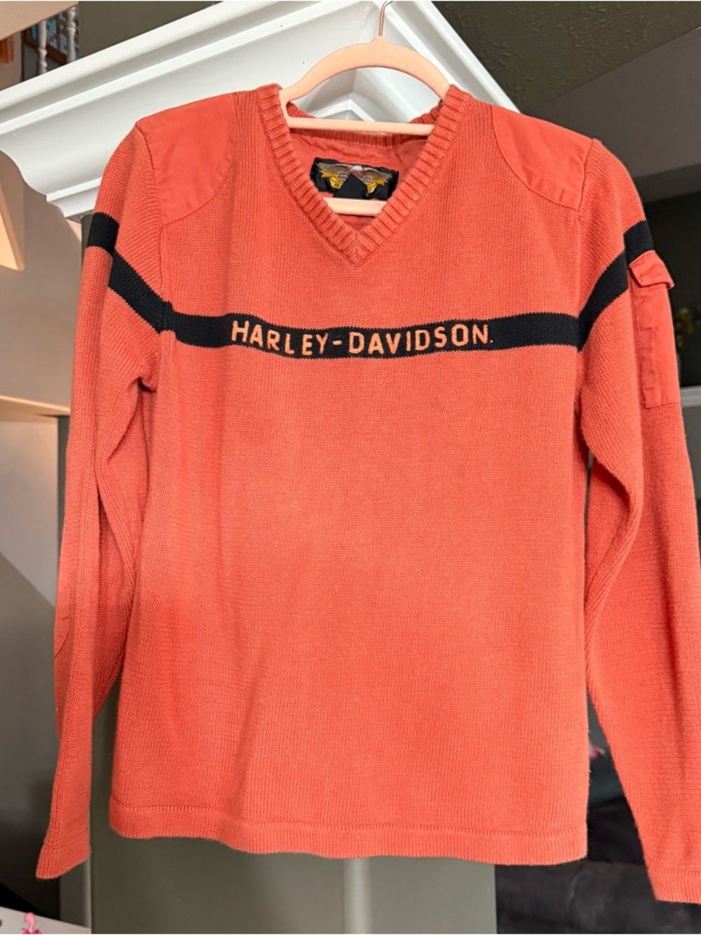 Harley-Davidson Orange V-Neck Sweater with Black Chest Stripe